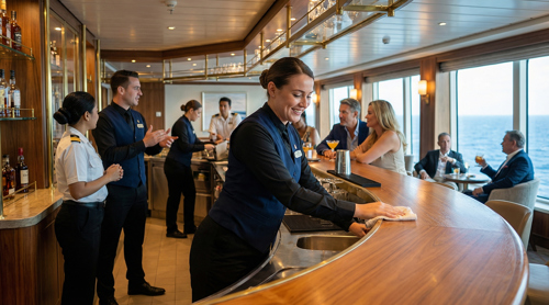 Image from inside cruiseliner of bartenders working and guest enjoying drinks
