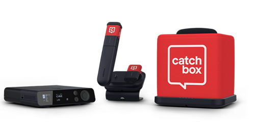 Catchbox products including catchbox, microphone, clip on and mixer